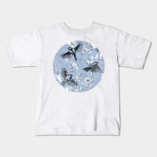 Flowers and Flight in Monochrome Blue Purple Kids T-Shirt